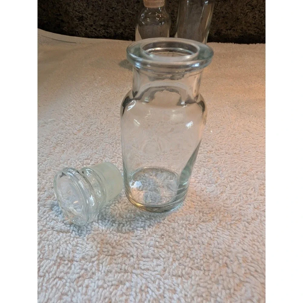 6 Vintage Clear Glass Apothecary Spice Jars/Bottles w/Stoppers Wagner Japan
